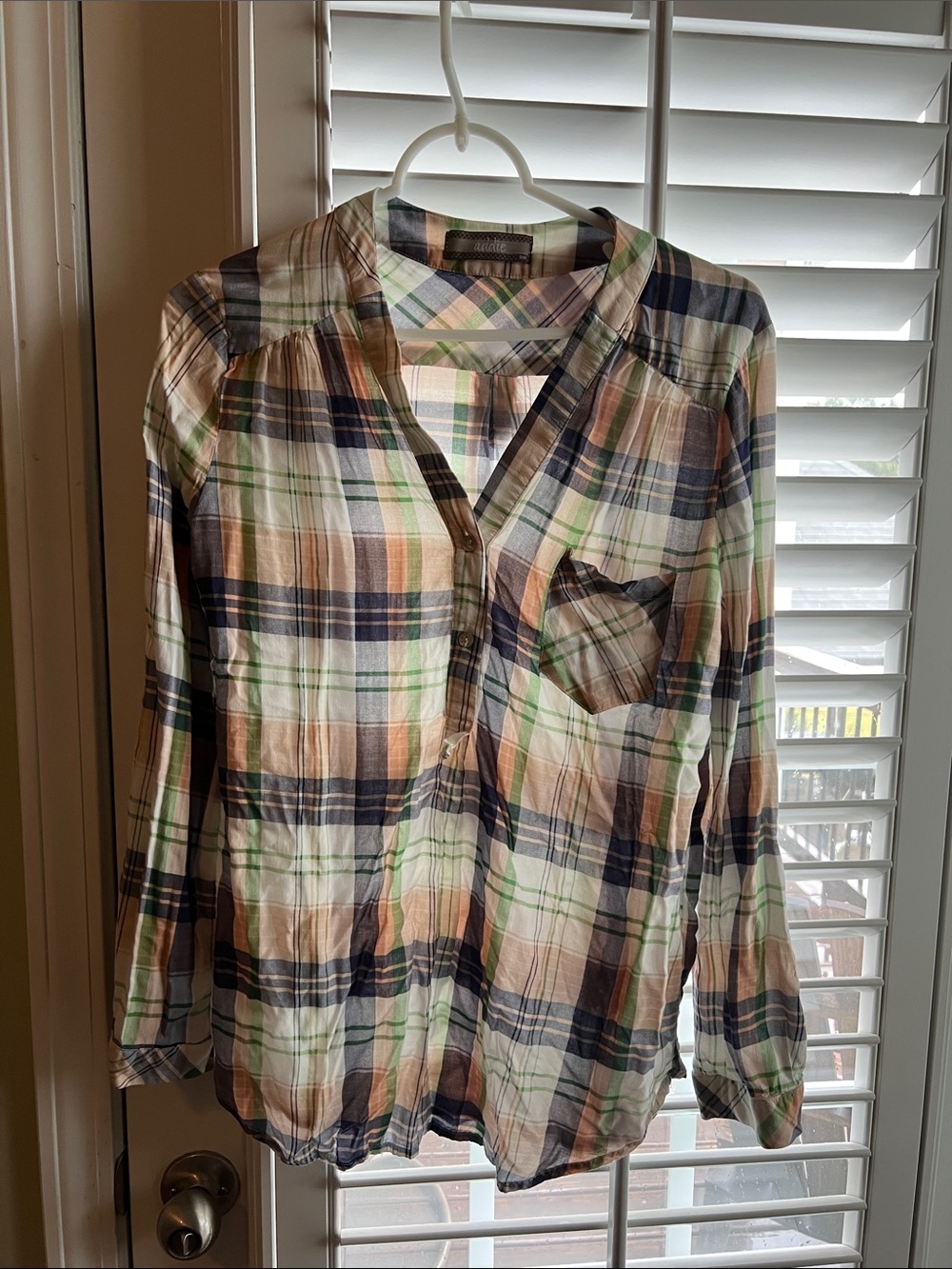 Lightweight Plaid Button-Front Shirt in Navy, Peach & Green